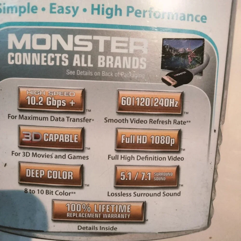Monster High Speed HDMI Cable Ethernet 5ft HD Video Audio Compatible All Brands